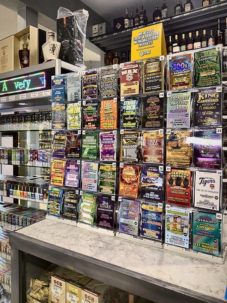 Michigan Lottery instant tickets on display at the counter