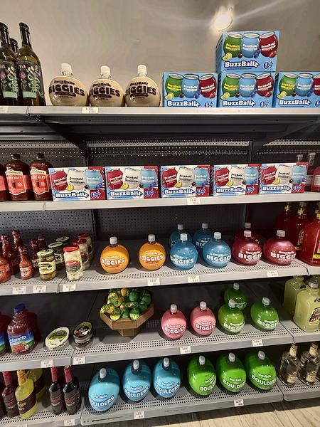 Ready-to-drink cocktails alongside Bloody Mary mix, olives and other mixers